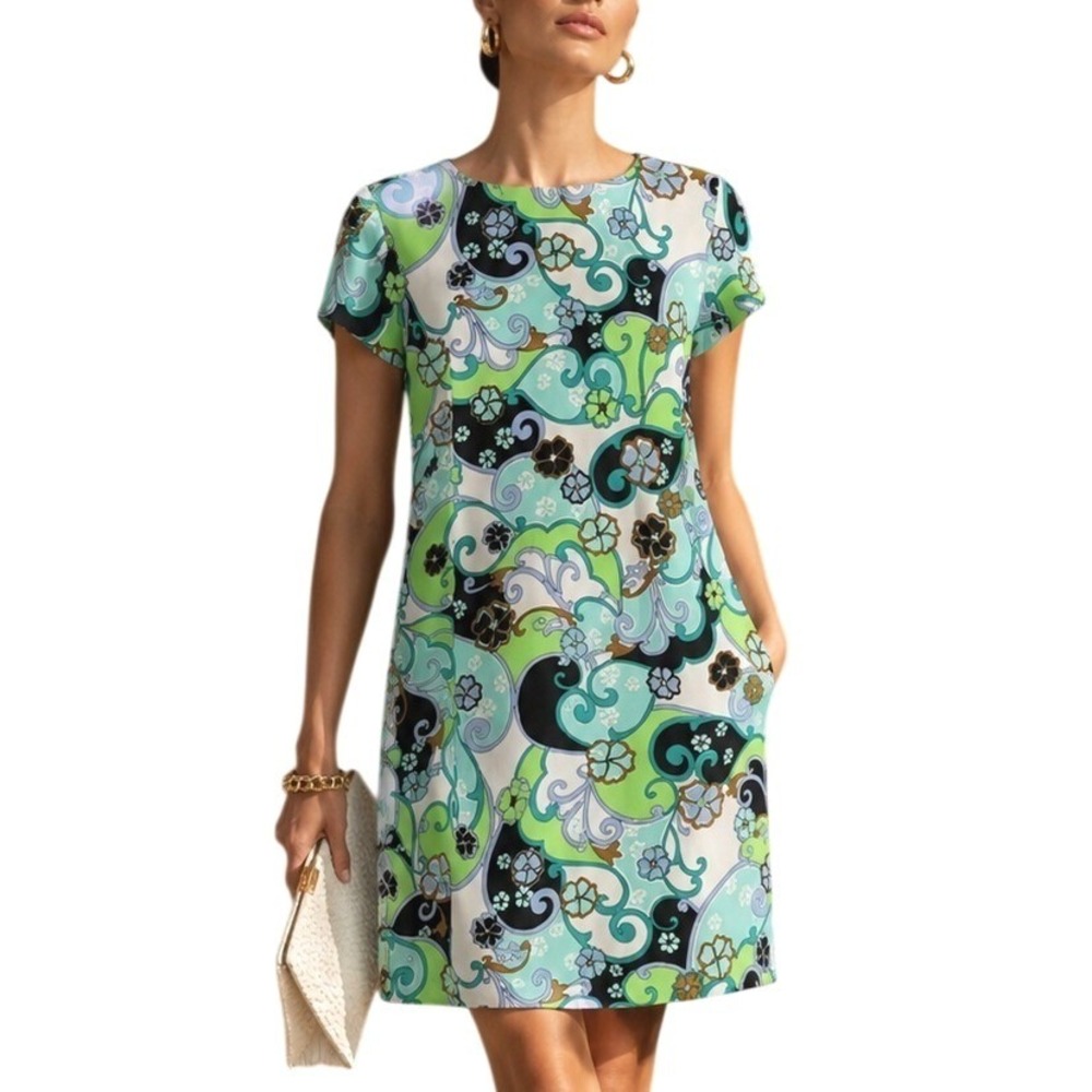 Katherine Way Womens Blue Green Paisley Floral Stretch Retro‎ Shift Dress Size M